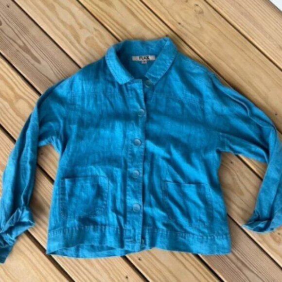 FLAX teal green linen lagenlook collared button up blazer shirt Small - Picture 1 of 6